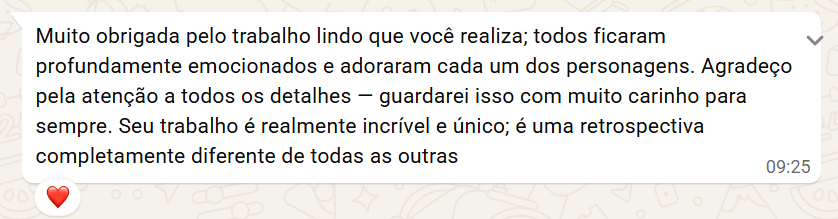 Mensagem da Daiane agradecendo pelo trabalho, pelos detalhes e pela emoção que a história despertou