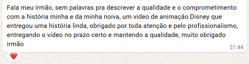 Mensagem do Gabriel Kaleb agradecendo pela qualidade, atenção e entrega no prazo
