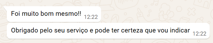 Mensagem do Roberto: Foi muito bom mesmo. Obrigado pelo seu serviço e pode ter certeza que vou indicar
